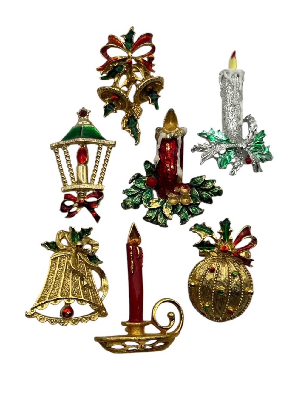 Christmas holiday lot f brooches pins enamel rhinestone red green enamel vintage